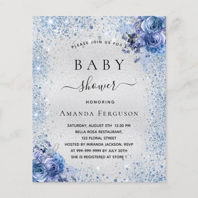 Baby shower silver floral blue budget invitation flyer (Front)