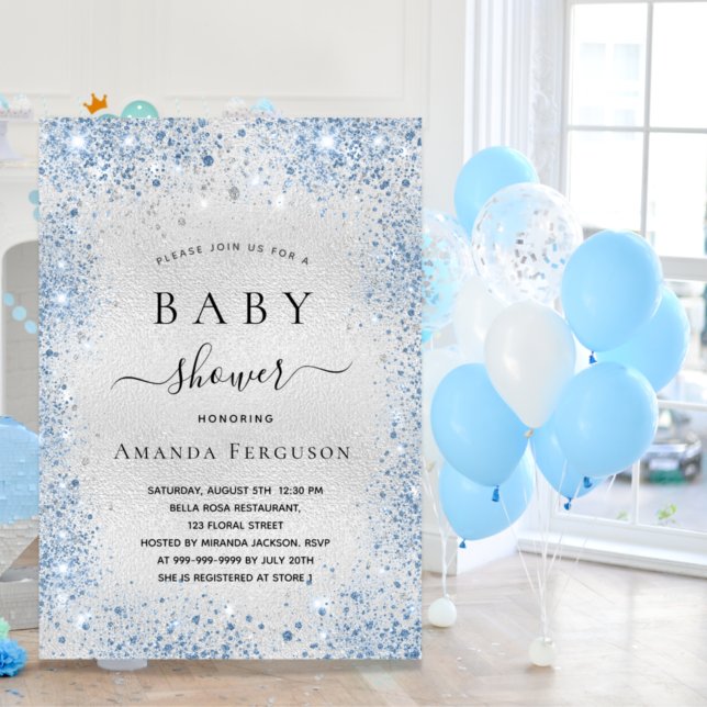 Baby shower silver glitter dust blue boy name invitation (Creator Uploaded)