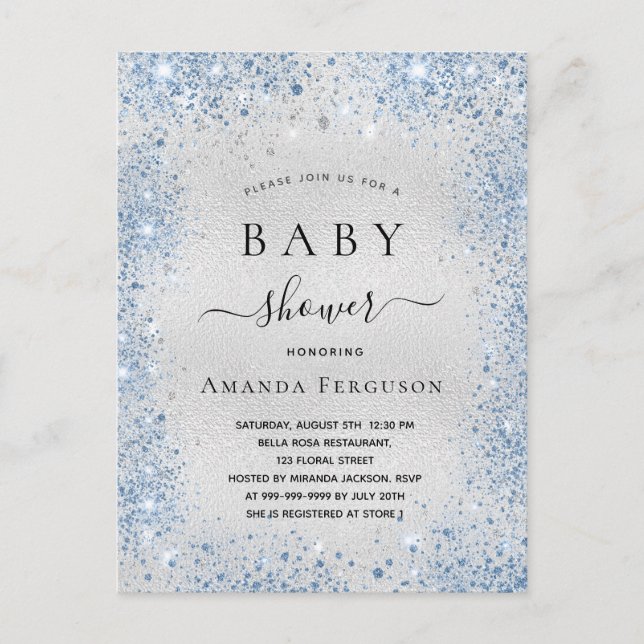 Baby shower silver glitter dust blue boy name invitation postcard (Front)