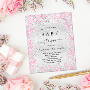 Baby shower silver glitter dust pink girl  invitation postcard