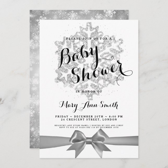 Baby Shower Silver Glitter Snowflake Ribbon Invitation (Front/Back)