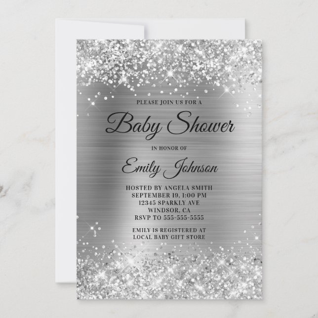 Baby Shower Silver Glittery Foil Fancy Script Invitation (Front)