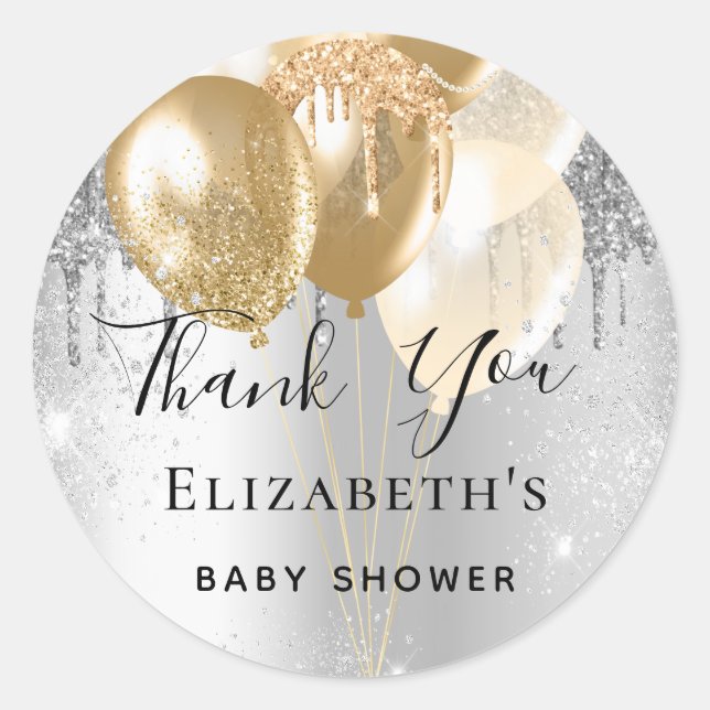 Baby shower silver gold glitter balloons thank you classic round sticker (Front)