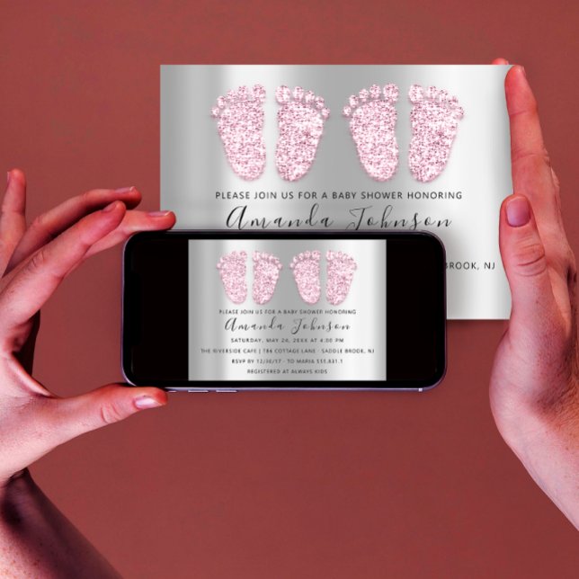 Baby Shower Silver Grey Pink Feet Twins Girls Invitation (Creator Uploaded)