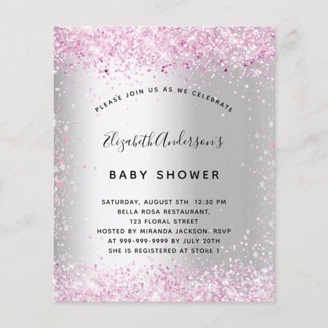 Baby shower silver pink girl budget invitation flyer (Front)
