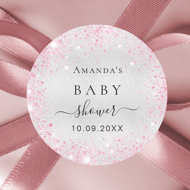 Baby Shower silver pink glitter Classic Round Sticker (Creator Uploaded)