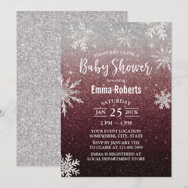 Baby Shower Silver Snowflake Burgundy Red Glitter Invitation (Front/Back)