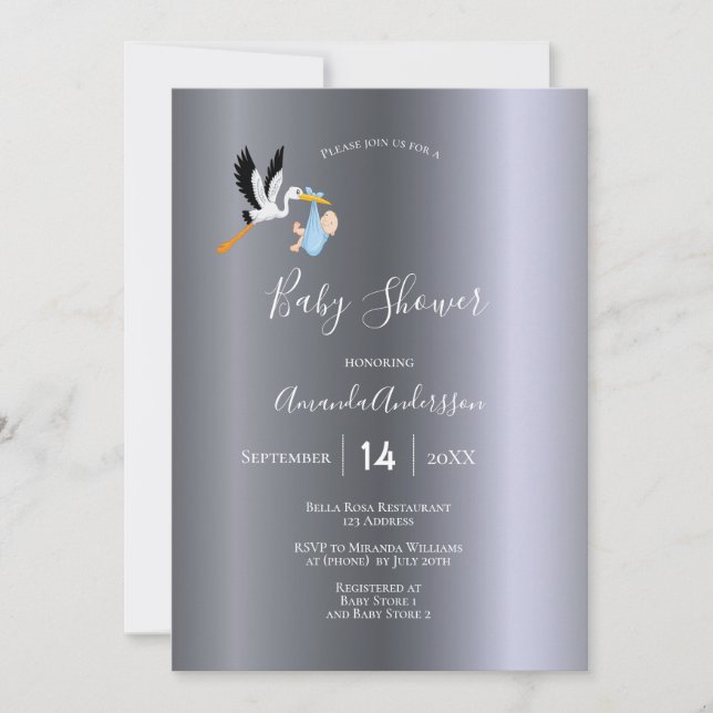 Baby Shower silver stork boy blue cute Invitation (Front)