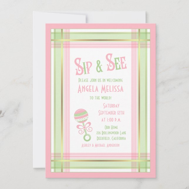 Baby Shower Sip & See | Pink Green Plaid Rattle Invitation (Front)