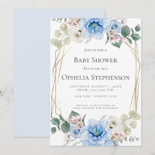 BABY SHOWER Sky Blue Watercolor Flowers Invitation