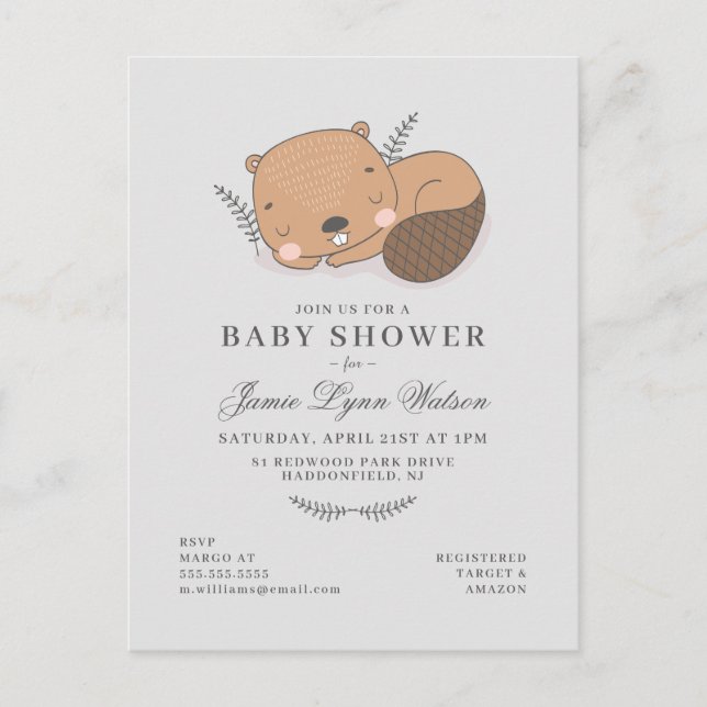 BABY SHOWER | Sleepy Beaver Invitation Postcard (Front)