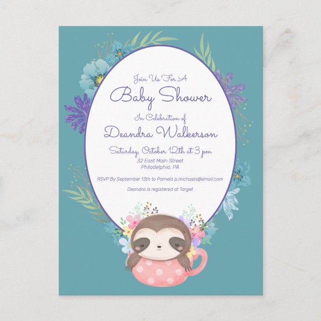 Baby Shower | Sloth Polka Dot Tea Cup Postcard (Front)