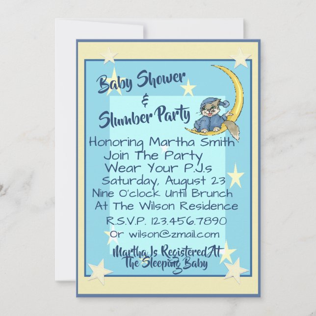 Baby Shower & Slumber Party W/Moon, Stars, & Cat Invitation (Front)