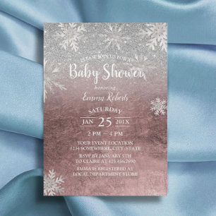 Baby Shower Snowflakes Modern Rose Gold & Silver Invitation