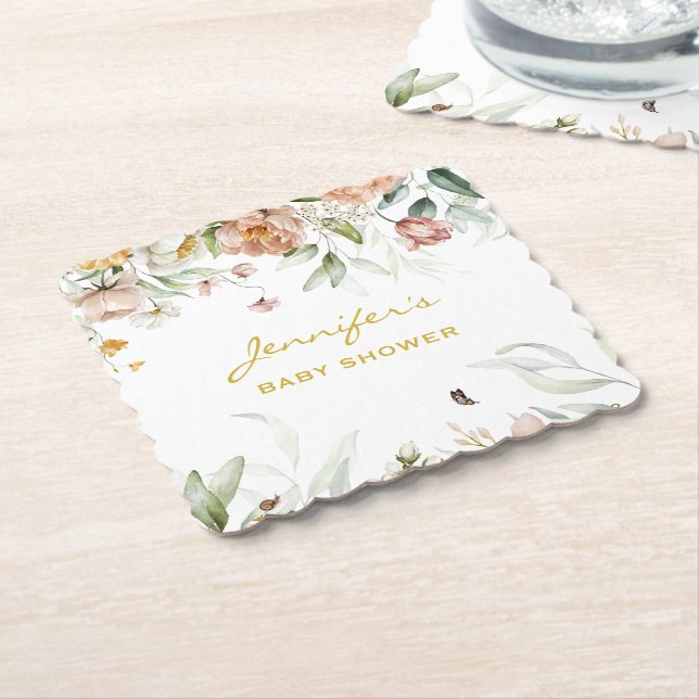 Baby Shower Soft Blush Pink Floral Drop Paper Coaster (Angled)