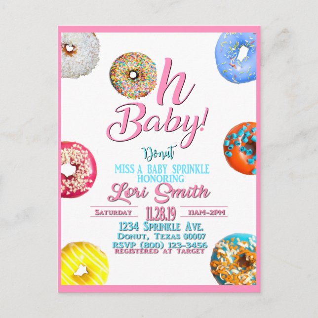 Baby Shower Sprinkle Doughnuts Girl Invitation Postcard (Front)
