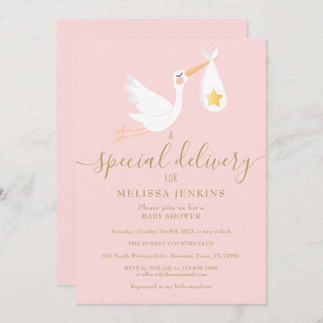 Baby Shower Sprinkle Special Delivery Stork Pink Invitation (Front/Back)