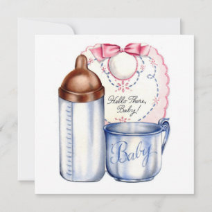 Baby Shower square  invitation bib, bottle and cup