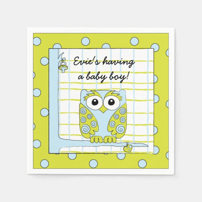 Baby Shower Standard Cocktail Napkin Blue Owl (Front)