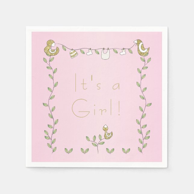 Baby Shower Standard Napkin PINK "Gold Birds" (Front)