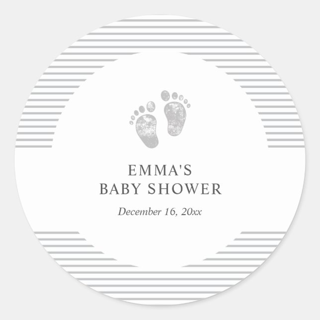 Baby Shower Sticker | Baby Footprint Grey Stripe (Front)