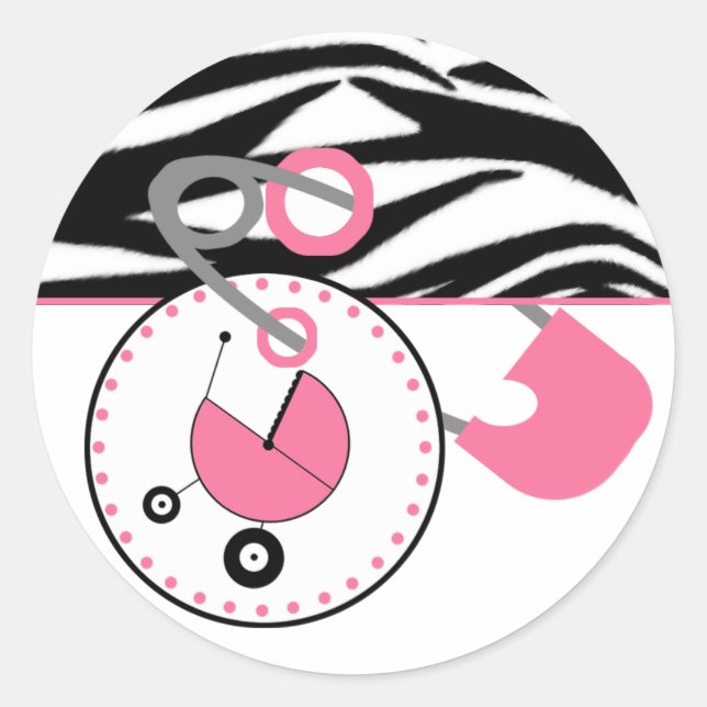 Baby Shower Sticker -Zebra Print & Pink Diaper Pin (Front)