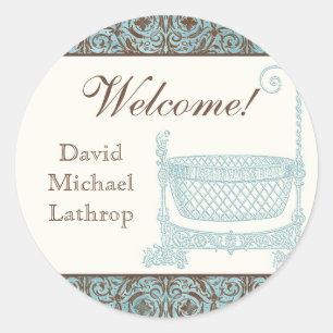 Baby Shower Stickers - Blue Brown Damask Cradle