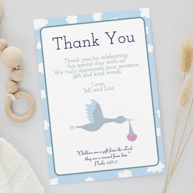 Baby Shower Stork Blue Sky Clouds and Bible Verse Thank You Card (Baby Shower Stork Thank You Card with Bible Verse)