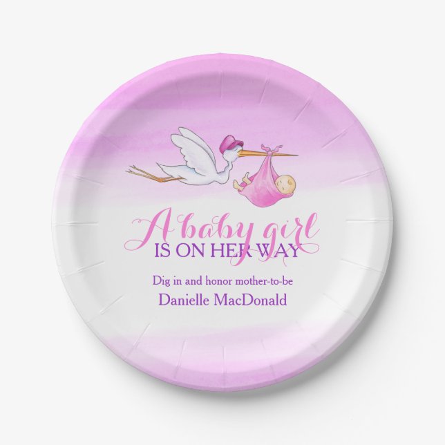 Baby Shower stork delivery baby girl art plate (Front)