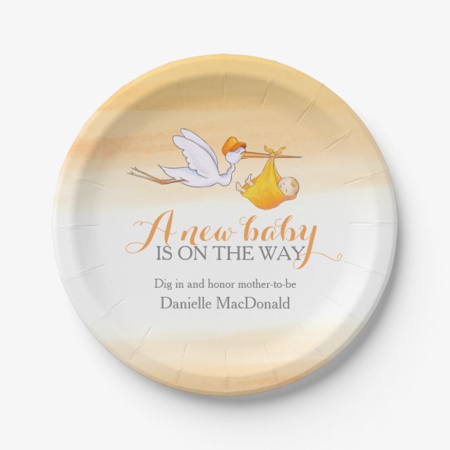 Baby Shower stork delivery new baby art plate (Front)