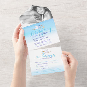 Baby shower stork delivery watercolor blue photo all in one invitation