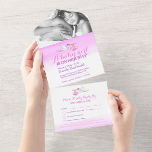 Baby shower stork delivery watercolor pink photo all in one invitation