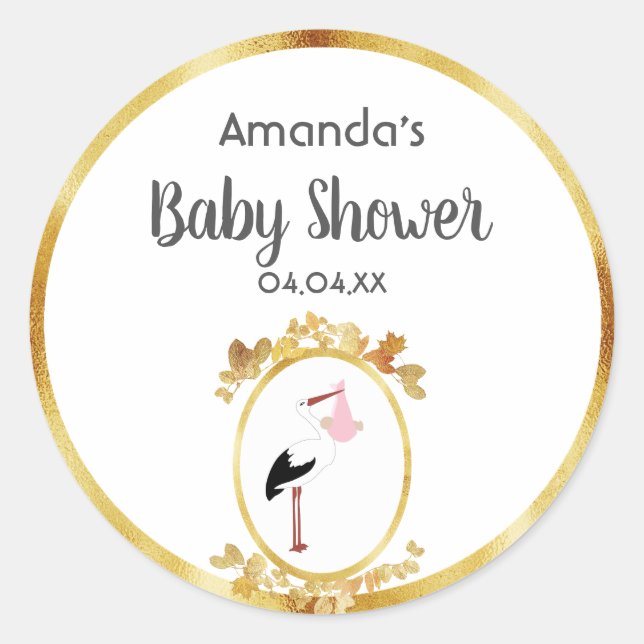 Baby Shower stork girl name elegant Classic Round Sticker (Front)