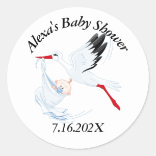 Baby Shower Stork On White Classic Round Sticker
