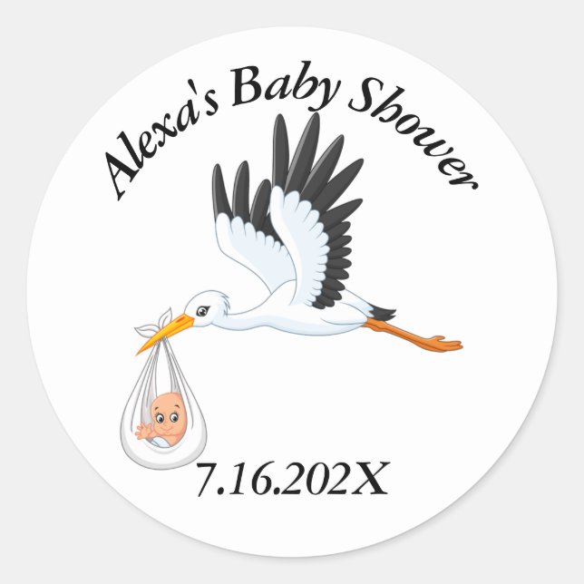 Baby Shower Stork On White Classic Round Sticker (Front)