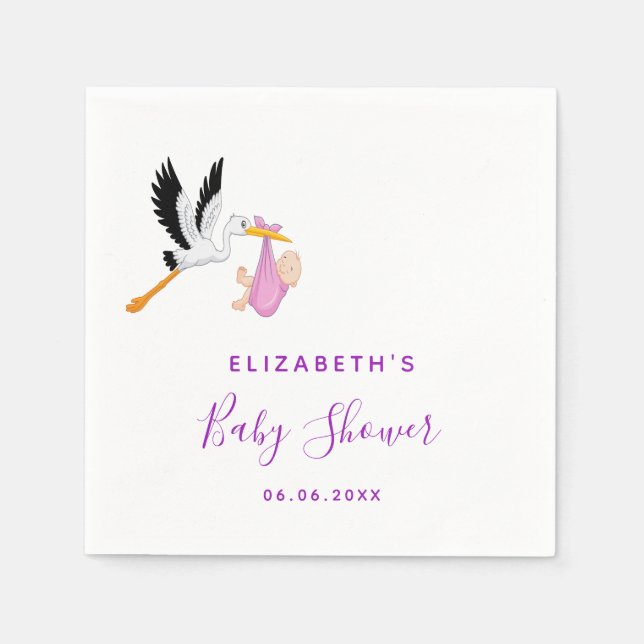 Baby shower stork purple girl cute napkin (Front)
