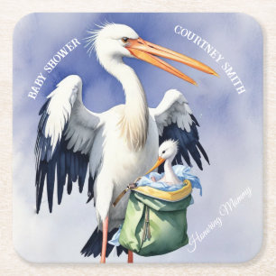 BABY SHOWER. stork with a bag Square Paper Coaster
