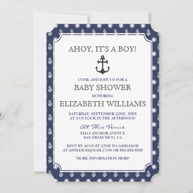 Baby Shower | Stylish Formal Navy Nautical Anchor Invitation (Front)