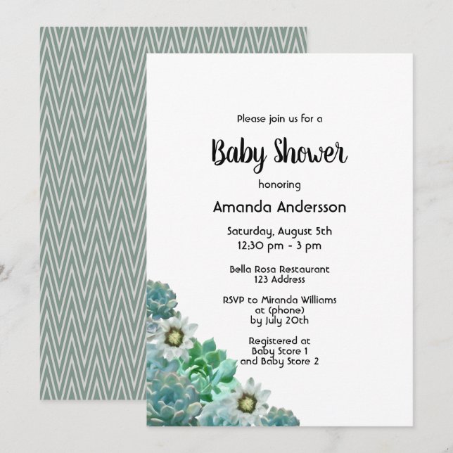 Baby Shower succulents cati flowers white green Invitation (Front/Back)