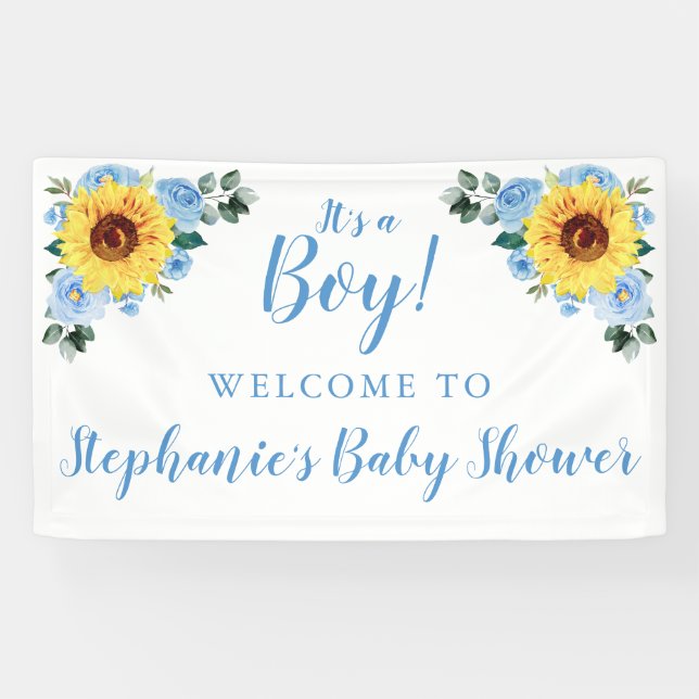 Baby Shower Sunflower Dusty Blue Floral It's a Boy Banner (Horizontal)