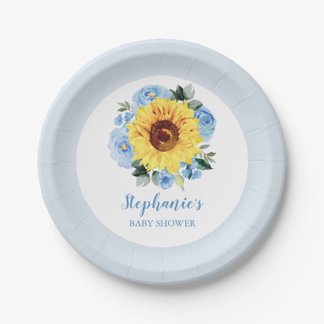 Baby Shower Sunflower Dusty Blue Floral Paper Plate (Front)