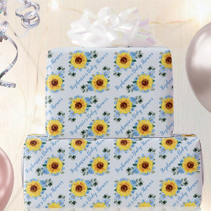 Baby Shower Sunflower Dusty Blue Personalised Name Wrapping Paper