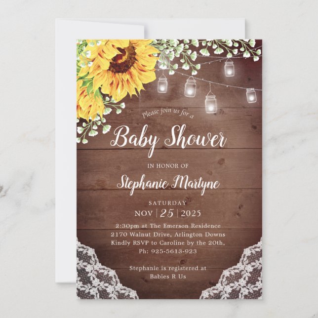 Baby Shower Sunflower Lace Mason Jar Lights Invitation (Front)