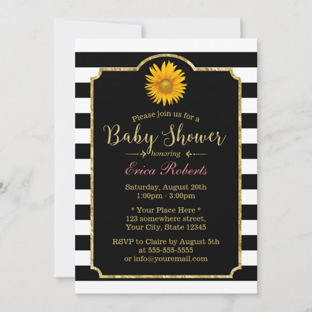 Baby Shower Sunflower Modern Black & White Stripes Invitation (Front)