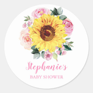 Baby Shower Sunflower Pink Floral Personalised Classic Round Sticker