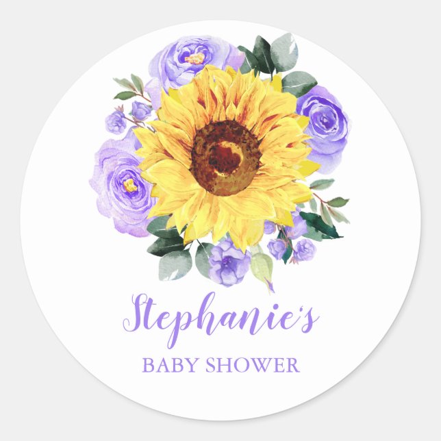 Baby Shower Sunflower Purple Floral Personalised Classic Round Sticker (Front)