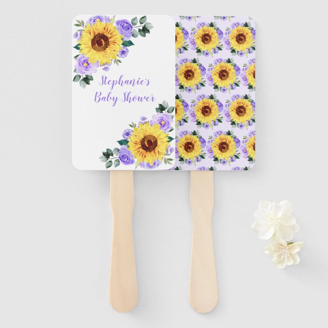 Baby Shower Sunflower Purple Floral Personalised Hand Fan (Front and Back)