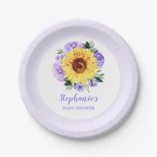 Baby Shower Sunflower Purple Floral Personalised Paper Plate