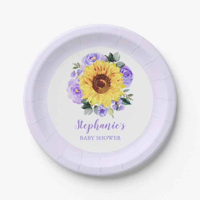 Baby Shower Sunflower Purple Floral Personalised Paper Plate (Front)