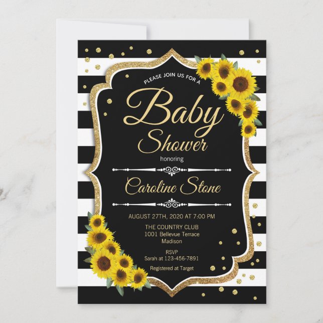 Baby Shower - Sunflowers Black White Stripes Invitation (Front)